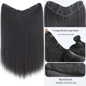 Extensions de cheveux synthétiques en V clipsables longues raides 4 pinces noir femme