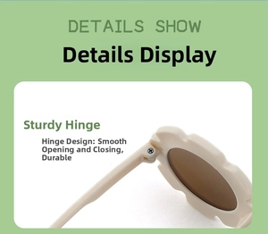 Close-up of sturdy screw-fixed hinge on cream beige flower-shaped kids sunglasses