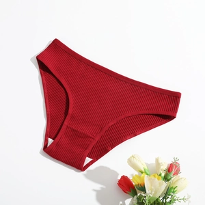 Detail view of red ribbed cotton fabric texture on low-waist women's underwear