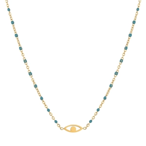 Détail du collier doré avec pendentif œil et perles turquoise sur une chaîne délicate