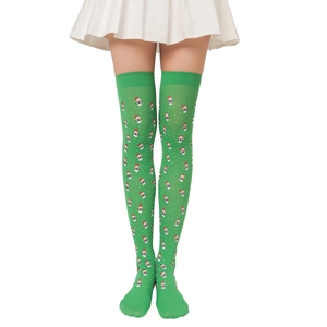 Green Christmas over-knee socks with Santa Claus print and cozy plush details