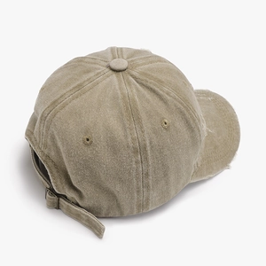 Retro washed cotton baseball cap with distressed brim and adjustable metal strap