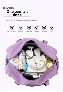 Detailed interior view of a large purple travel gym bag showing high capacity.