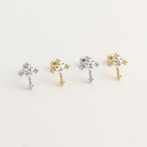 S925 silver cross stud earrings with heart zirconia in gold and silver plating