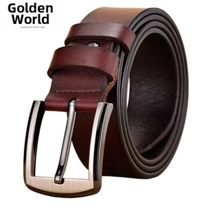 Detailed macro view of dark brown genuine leather belt with brushed metal pin buckle closure