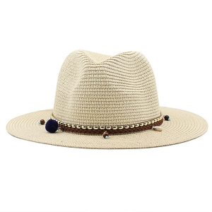 Chapeau de cowboy en paille tressée style bohème avec perles et pompon bleu marine