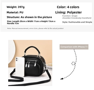 Size chart showing multi-layer PU leather handbag dimensions with iPhone comparison