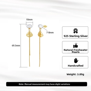 Detailed view of S925 silver long tassel earrings featuring natural freshwater pearls
