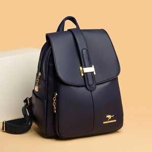 Navy blue faux leather backpack with litchi texture and golden hardware for women