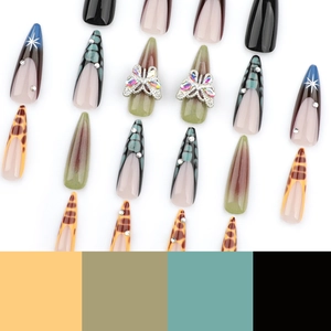 Press-on nail set with 3D butterflies, leopard print, and starry art in assorted colors