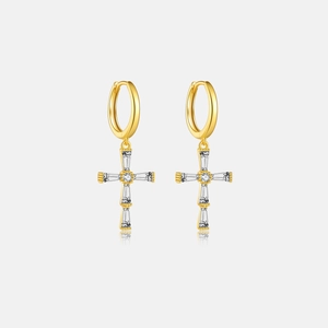 Golden S925 silver hoop earrings with cross pendant featuring rectangular cubic zirconia