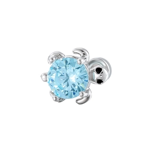 Silver turtle stud earring with light blue zircon and black gem eyes on white background
