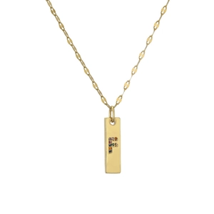 Detail of gold rectangular pendant featuring colorful rhinestone inlaid letter F on chain