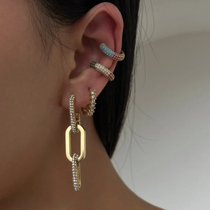 Chic gold-plated geometric rectangle zircon earrings and ear cuff set for women