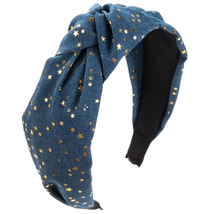 Vintage denim headband with gold star patterns and a top knot design on white background