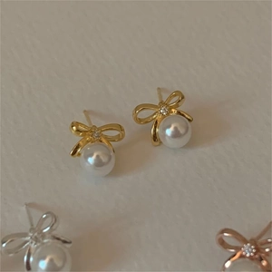 Elegant 925 sterling silver bow knot earrings with pearls in gold silver and rose gold