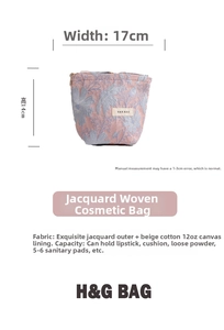 Close-up of pink floral jacquard makeup bag showing 17x14cm size and canvas lining