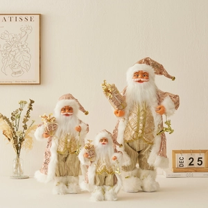 Standing Santa Claus Doll Sequin Fabric Faux Fur Rose Gold Christmas Decoration Standing Figurine For Tabletop Festive Home Decor