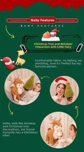 Detail showing soft sherpa texture of green Christmas tree and brown reindeer plush toy