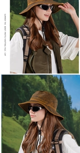 Détail du chapeau de soleil extérieur à large bord avec coutures marron et cordon réglable