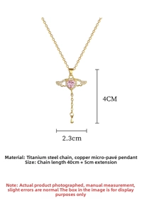 Detailed size chart of pink heart wing pendant necklace with 40+5cm chain length