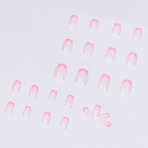 French style press-on nails set with nude pink base and hot pink tips in square shape