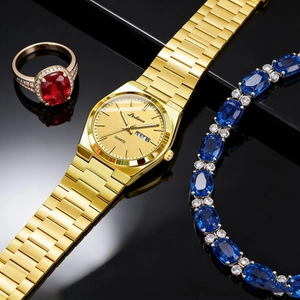 Detailed close-up of gold steel watch with dual calendar display and gemstone jewelry