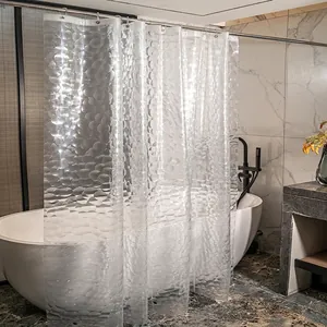 Detail eines wasserdichten PEVA-Duschvorhangs mit 3D-Kieselprägung und Metallringen