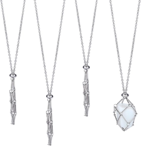 Detail of silver mesh cage pendants with opal stone on thin chains over white background
