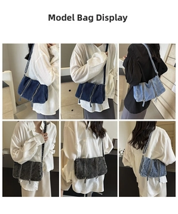 Detailansichten von Vintage-Denim-Tragetaschen in Dunkelblau, Hellblau und Grau