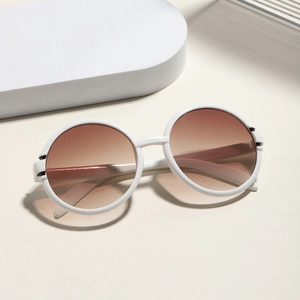 Retro Übergroße Runde Damen Sonnenbrille mit weißem Glanzrahmen und braunem Verlaufsglas