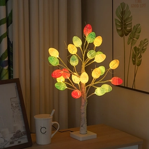 Detail of colorful LED Easter egg tree light with birch bark texture and crackle finish