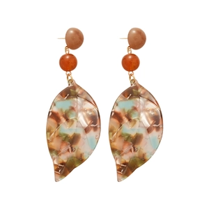 Vintage tortoiseshell resin leaf drop earrings with brown beads and gold hardware