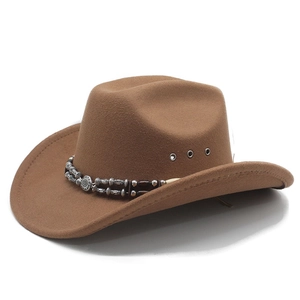 Brown western cowboy felt hat with metallic eyelets and beaded decorative band