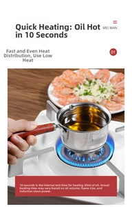 Mini stainless steel oil pan with wooden handle heating over an open flame stove