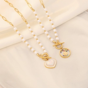 Stainless Steel Necklace Heart Round Pendant White Artificial Pearl Shell Rhinestone Cross OT Buckle Trendy Elegant Jewelry For Women