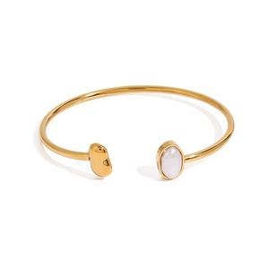 Minimalist gold-plated stainless steel open cuff bracelet with pearl and bean detail