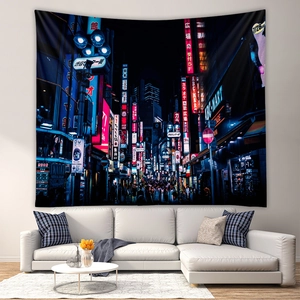 Detail of Tokyo night street tapestry hanging over a modern sofa for home decoration
