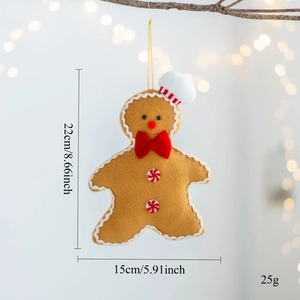 Detail of felt gingerbread man hanging ornament with size 22x15cm and 25g weight details