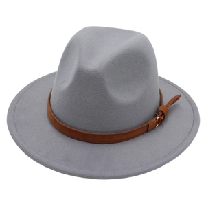 Classic grey wide brim fedora hat with brown leather belt buckle for men and women