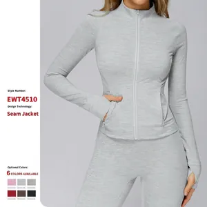 Women's Slim Fit Cationic Brushed Long Sleeve Sports Jacket Full Zip Running Fitness Yoga Top With Thumb Holes Pocket