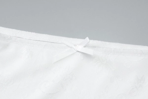 Close-up of white lace mesh fabric featuring floral patterns and a small silk ribbon bow