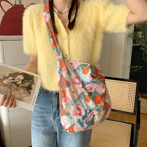 Large capacity canvas shoulder bag with colorful floral print for women on campus