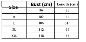 Detailed size chart for wave pattern chiffon top including bust and length measurements
