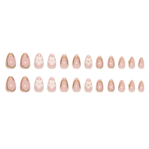 Elegant almond-shaped press-on nails with 3D white flowers and gold foil accents