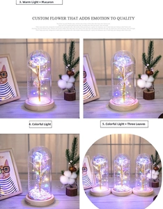Close-up of LED gold foil rose in glass dome with light wood base and foam beads
