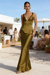 Detail of olive green satin two-piece set featuring pleated bodice and silky maxi skirt
