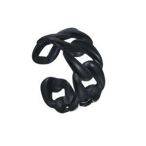 Macro shot of matte black stainless steel chain link ring with adjustable open band design