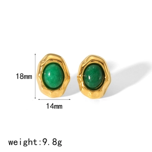 Boucles d'oreilles vintage en acier plaqué or 18 carats avec pierre ovale verte