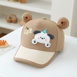 Detail of children's baseball cap with 3D cartoon puppy, plush ears, and side embroidery